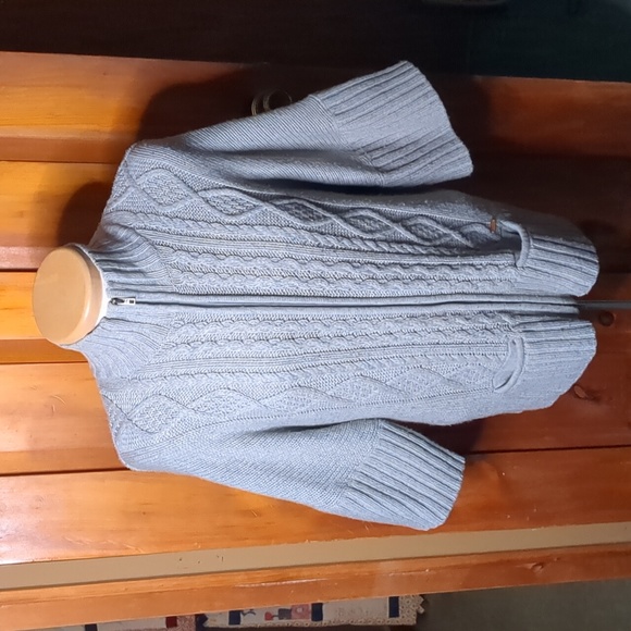 ROOTS* vintage cable knit 2/3n wide sleeve zip front lambswool cardigan sweater - Picture 2 of 13